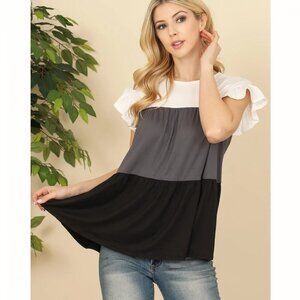 You & Me Short Ruffle Sleeve Color Block Top Size Medium NWOT